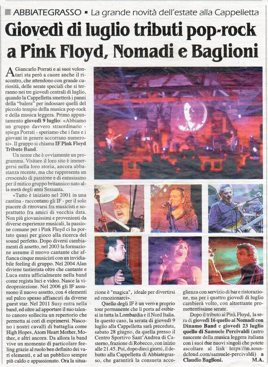 Giovedì di luglio tributi pop-rock a Pink Floyd, Nomadi e Baglioni